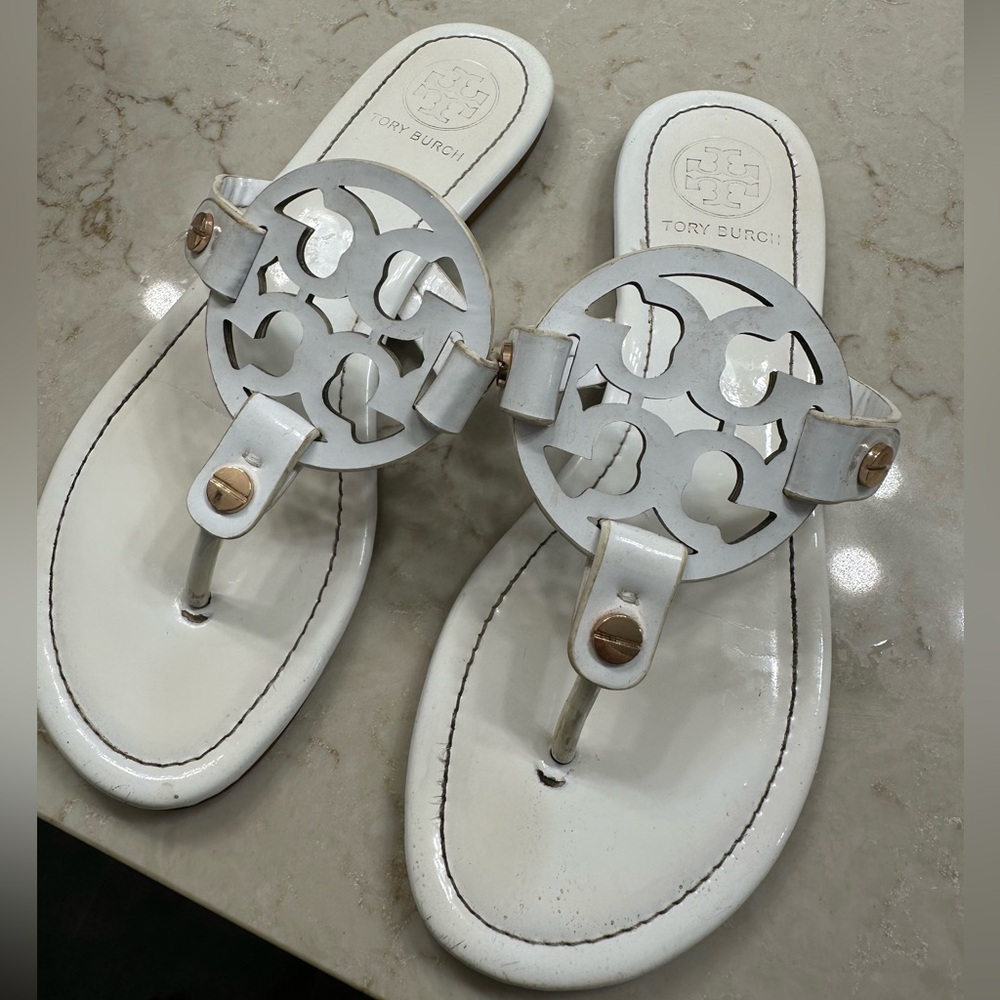 Tory Burch Style Patent White Faux Leather Sandals